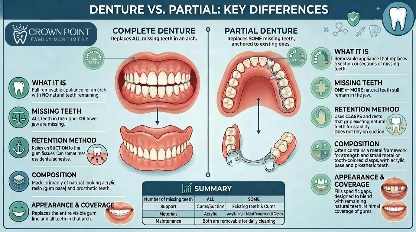 difference-between-dentures-and-partials - Crown Point Family Dentistry Infographic: Full Dentures vs Partial Dentures – Key differences in design, use cases, comfort, and benefits at Crown Point Family Dentistry.